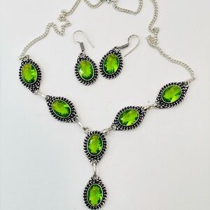 Peridot Gemstone Drop Necklace & Earrings Set - Vintage Style